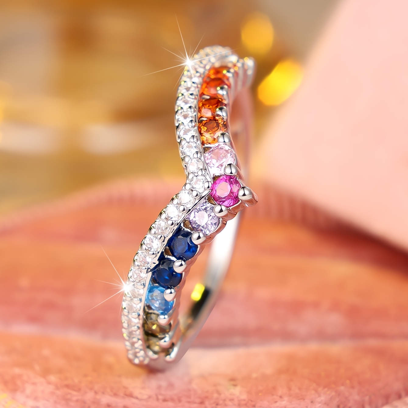 Women's Luxurious Multicolor Round Synthetic Zirconia Ring